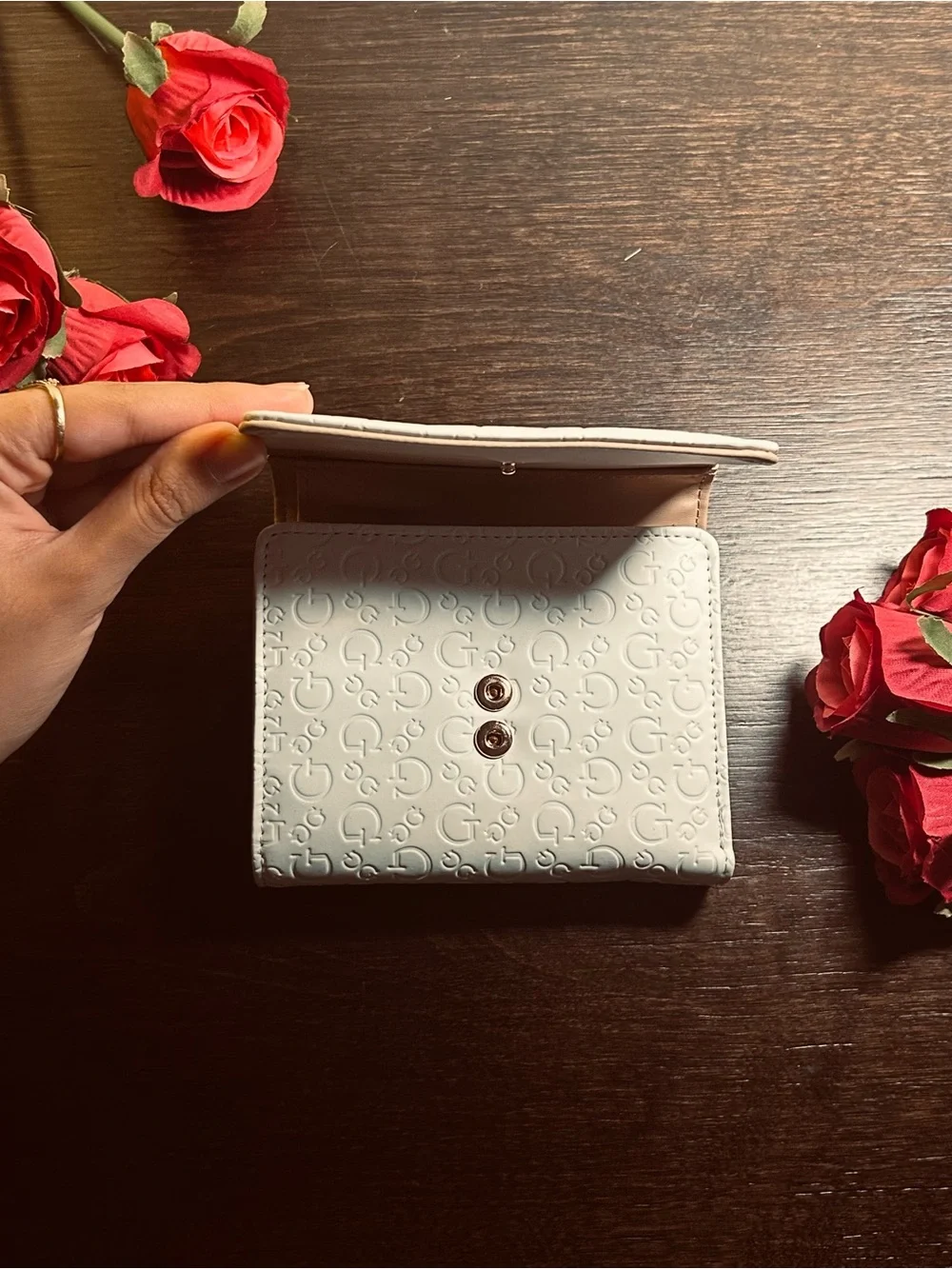 GUESS Cream Embossed Los Angeles Trifold Wallet with Gold Logo